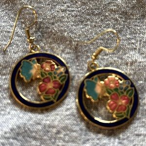 Cloisonne Enamel Flower Dangle Hook Wire Gold tone Pierced Earrings
